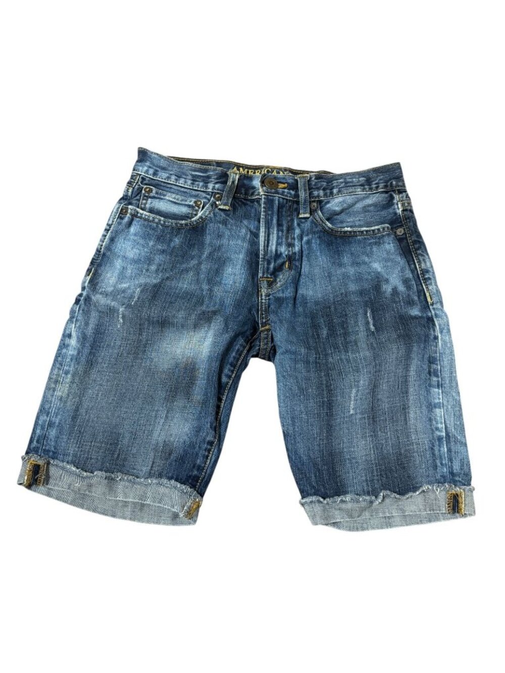 American Eagle Size 28 Slim Straight Denim Shorts Distressed Rolled Raw Hem